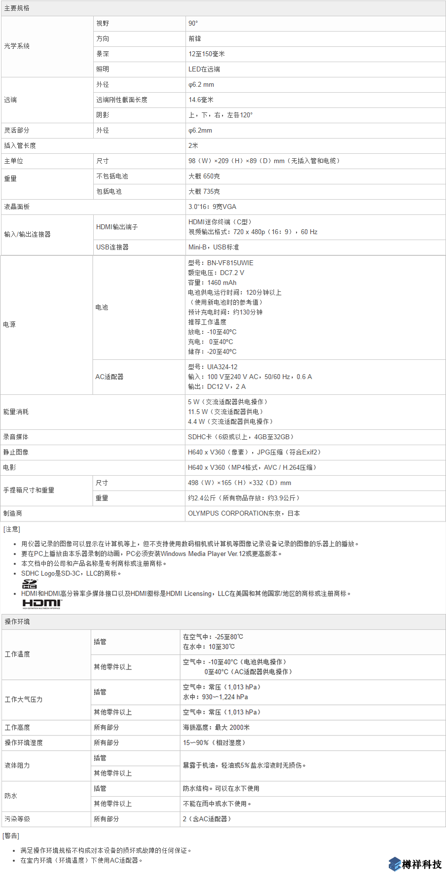 奥林巴斯系列C视频工业内窥镜产品规格