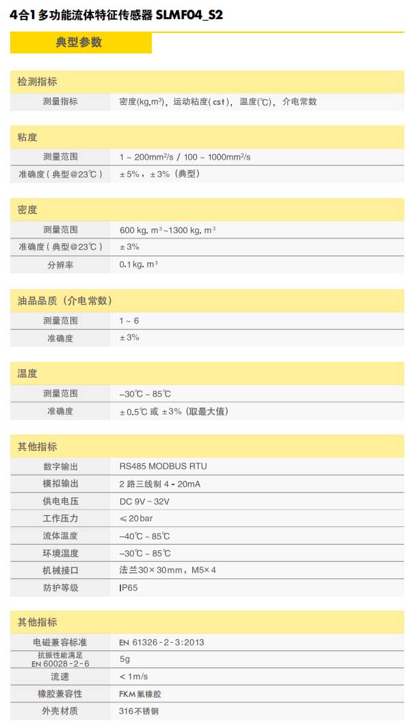 4合1多功能流体特征传感器典型参数